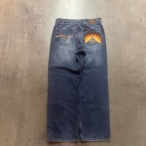 Y2K LRG mens blue embroidered jeans baggy skater hiphop wide leg 38‎